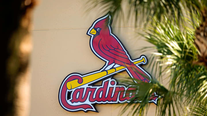 Feb 26, 2021; Jupiter, Florida, USA; A general view of the St. Louis Cardinals logo on the stadium at Roger Dean Stadium during spring training workouts. Mandatory Credit: Jasen Vinlove-Imagn Images