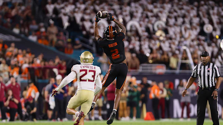 Oct 26, 2024; Miami Gardens, Florida, USA; Miami Hurricanes wide receiver Isaiah Horton (2) cst chef the football against Florida State Seminoles defensive back Fentrell Cypress II (23) during the second quarter at Hard Rock Stadium. Mandatory Credit: Sam Navarro-Imagn Images Oct 26, 2024; Miami Gardens, Florida, USA; Miami Hurricanes wide receiver Isaiah Horton (2) cst chef the football against Florida State Seminoles defensive back Fentrell Cypress II (23) during the second quarter at Hard Rock Stadium. Mandatory Credit: Sam Navarro-Imagn Images