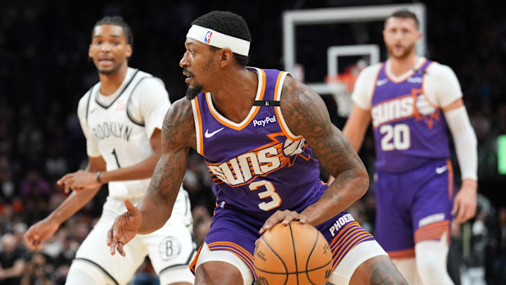 Nov 27, 2024; Phoenix, Arizona, USA; Phoenix Suns guard Bradley Beal (3) dribbles against the Brooklyn Nets during the first half at Footprint Center. Mandatory Credit: Joe Camporeale-Imagn Images Nov 27, 2024; Phoenix, Arizona, USA; Phoenix Suns guard Bradley Beal (3) dribbles against the Brooklyn Nets during the first half at Footprint Center. Mandatory Credit: Joe Camporeale-Imagn Images