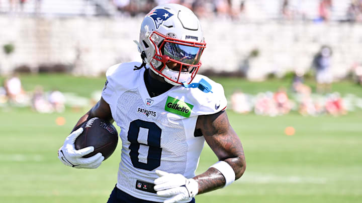 Jul 28, 2025; Foxborough, MA, USA; New England Patriots wide receiver Stefon Diggs (8) runs after the catch during training camp at Gillette Stadium. Mandatory Credit: Eric Canha-Imagn Images