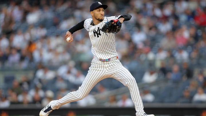 May 5, 2026; Bronx, New York, USA; New York Yankees starting pitcher Elmer Rodriguez (71) pitches against the Texas Rangers during the first inning at Yankee Stadium. Mandatory Credit: Brad Penner-Imagn Images