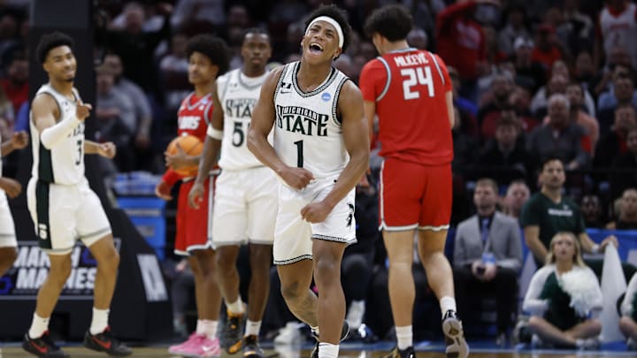 Mar 23, 2025; Cleveland, OH, USA; Michigan State Spartans guard Jeremy Fears Jr. (1) reacts in the second half against the New Mexico Lobos during the NCAA Tournament Second Round at Rocket Arena. Mandatory Credit: Rick Osentoski-Imagn Images
