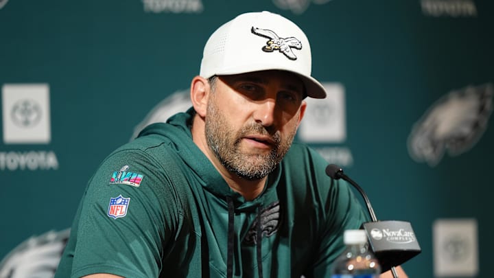 Jun 10, 2025; Philadelphia, PA, USA; Philadelphia Eagles head coach Nick Sirianni addresses media during a press conference at NovaCare Complex. Mandatory Credit: Kyle Ross-Imagn Images