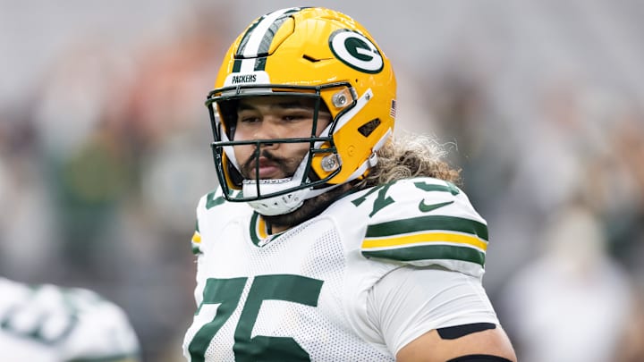 Oct 19, 2025; Glendale, Arizona, USA; Green Bay Packers guard Sean Rhyan (75) against the Arizona Cardinals at State Farm Stadium. Oct 19, 2025; Glendale, Arizona, USA; Green Bay Packers guard Sean Rhyan (75) against the Arizona Cardinals at State Farm Stadium.