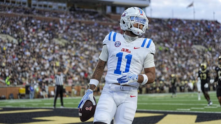 Sep 14, 2024; Winston-Salem, North Carolina, USA; Mississippi Rebels wide receiver Jordan Watkins (11) runs in for a score against the Wake Forest Demon Deacons during the first half at Allegacy Federal Credit Union Stadium. Mandatory Credit: Jim Dedmon-Imagn Image Sep 14, 2024; Winston-Salem, North Carolina, USA; Mississippi Rebels wide receiver Jordan Watkins (11) runs in for a score against the Wake Forest Demon Deacons during the first half at Allegacy Federal Credit Union Stadium. Mandatory Credit: Jim Dedmon-Imagn Image
