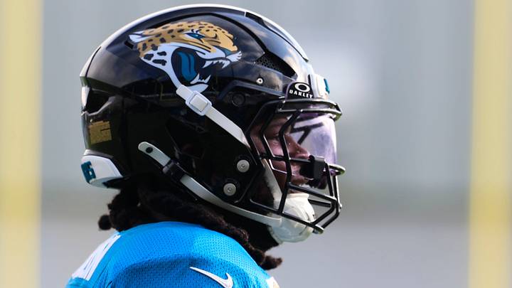 Jacksonville Jaguars offensive tackle Anton Harrison (77) looks on during the sixth day of NFL training camp at the Miller Electric Center on Tuesday, Aug. 4, 2026, in Jacksonville, Fla. Jacksonville Jaguars offensive tackle Anton Harrison (77) looks on during the sixth day of NFL training camp at the Miller Electric Center on Tuesday, Aug. 4, 2026, in Jacksonville, Fla.