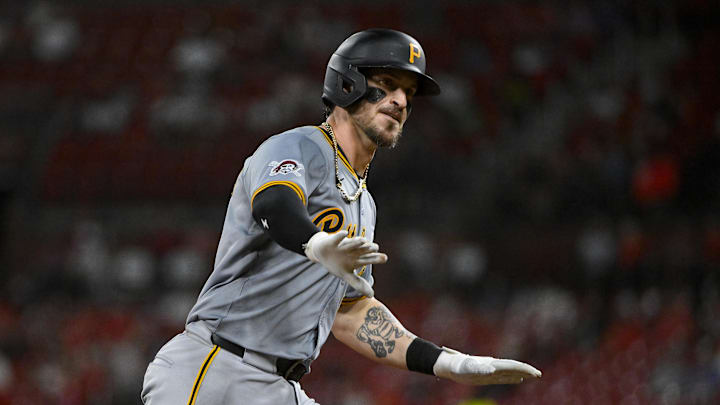 Sep 19, 2024; St. Louis, Missouri, USA; Pittsburgh Pirates catcher Yasmani Grandal (6) reacts as he runs the bases after hitting a game tying solo home run against the St. Louis Cardinals during the seventh inning at Busch Stadium. Mandatory Credit: Jeff Curry-Imagn Images Sep 19, 2024; St. Louis, Missouri, USA; Pittsburgh Pirates catcher Yasmani Grandal (6) reacts as he runs the bases after hitting a game tying solo home run against the St. Louis Cardinals during the seventh inning at Busch Stadium. Mandatory Credit: Jeff Curry-Imagn Images