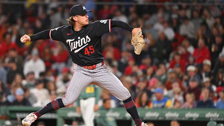 May 22, 2026; Boston, Massachusetts, USA; Minnesota Twins relief pitcher Travis Adams (45) pitches against the Boston Red Sox during the fifth inning at Fenway Park. Mandatory Credit: Eric Canha-Imagn Images