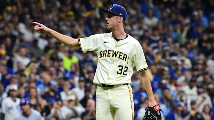 Oct 11, 2025; Milwaukee, Wisconsin, USA; Milwaukee Brewers pitcher Jacob Misiorowski (32) reacts against the Chicago Cubs in the second inning during game five of the NLDS round for the 2025 MLB playoffs at American Family Field. Mandatory Credit: Benny Sieu-Imagn Images