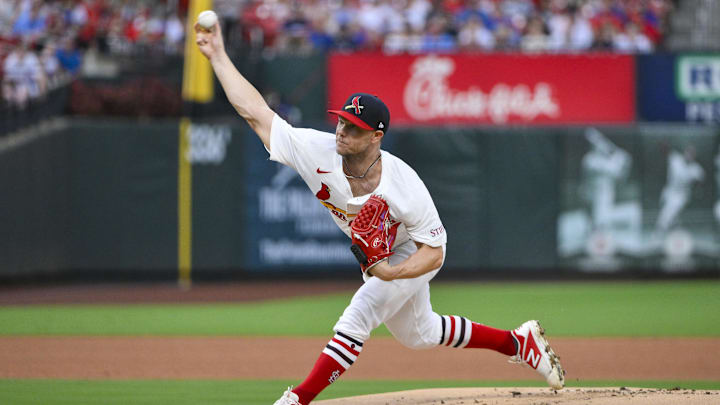 Aug 10, 2025; St. Louis, Missouri, USA;  St. Louis Cardinals starting pitcher Sonny Gray (54) pitches against the Chicago Cubs during the first inning at Busch Stadium. Mandatory Credit: Jeff Curry-Imagn Images