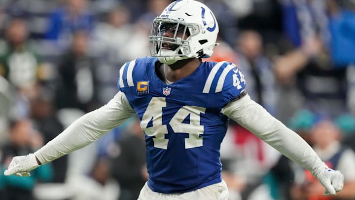 Indianapolis Colts linebacker Zaire Franklin (44) reacts after sacking Jacksonville Jaguars quarterback Mac Jones (10) in overtime Sunday, Jan. 5, 2025, during a game at Lucas Oil Stadium in Indianapolis. Indianapolis Colts linebacker Zaire Franklin (44) reacts after sacking Jacksonville Jaguars quarterback Mac Jones (10) in overtime Sunday, Jan. 5, 2025, during a game at Lucas Oil Stadium in Indianapolis.