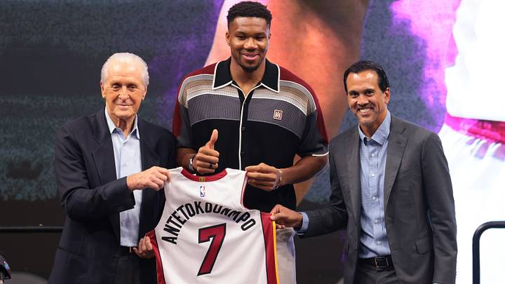 Miami Heat forward Giannis Antetokounmpo (7) is introduced (Mandatory Credit: Sam Navarro-Imagn Images)