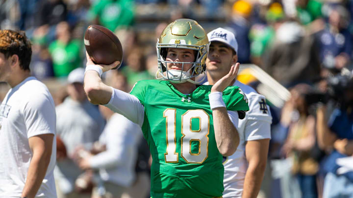 Apr 12, 2025; Notre Dame, IN, USA; Notre Dame Fighting Irish quarterback Steve Angeli (18) warms up during the Blue-Gold game at Notre Dame Stadium. 
