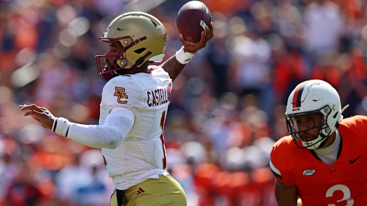 Oct 5, 2024; Charlottesville, Virginia, USA; Boston College Eagles quarterback Thomas Castellanos (1) throws a pass during the third quarter against the Virginia Cavaliers at Scott Stadium. Mandatory Credit: Peter Casey-Imagn Images