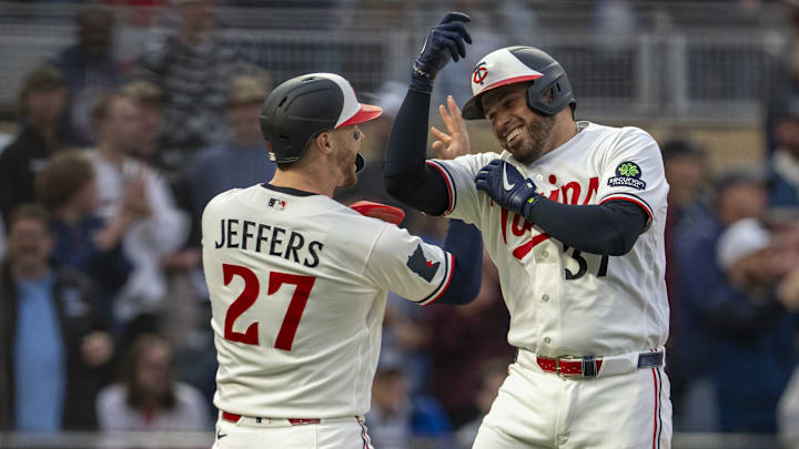 Apr 13, 2026; Minneapolis, Minnesota, USA; Minnesota Twins first baseman Victor Caratini (37) celebrates with catcher Ryan Jeffers (27) after hitting a home run against the Boston Red Sox in the second inning at Target Field. Mandatory Credit: Jesse Johnson-Imagn Images Apr 13, 2026; Minneapolis, Minnesota, USA; Minnesota Twins first baseman Victor Caratini (37) celebrates with catcher Ryan Jeffers (27) after hitting a home run against the Boston Red Sox in the second inning at Target Field. Mandatory Credit: Jesse Johnson-Imagn Images