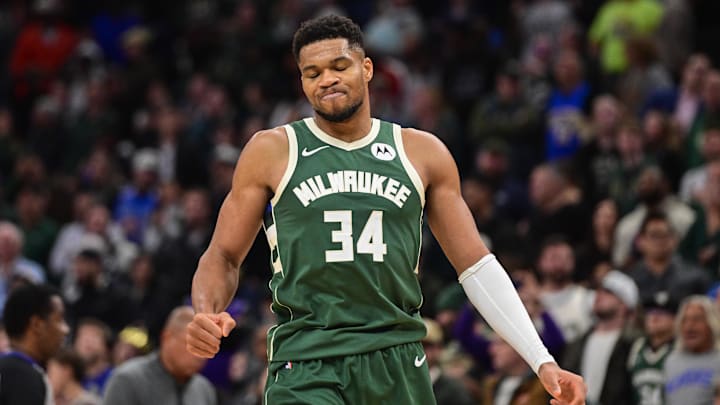 Nov 1, 2025; Milwaukee, Wisconsin, USA; Milwaukee Bucks forward Giannis Antetokounmpo (34) reacts after missing a shot late in the fourth quarter against the Sacramento Kings at Fiserv Forum. Mandatory Credit: Benny Sieu-Imagn Images