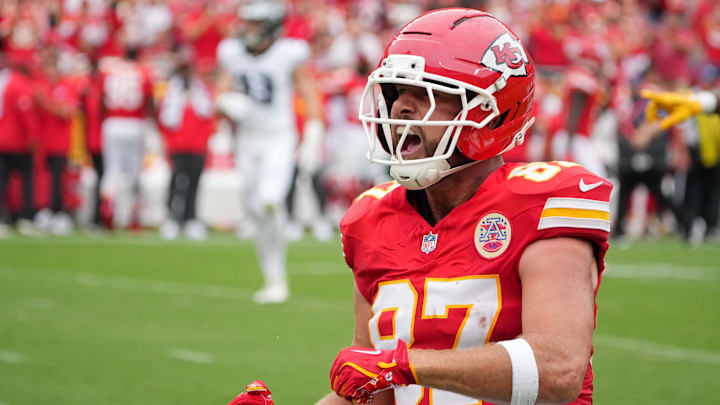 Sep 14, 2025; Kansas City, Missouri, USA; Kansas City Chiefs tight end Travis Kelce (87) celebrates after a play against the Philadelphia Eagles during the second quarter of the game at GEHA Field at Arrowhead Stadium. Mandatory Credit: Denny Medley-Imagn Images
