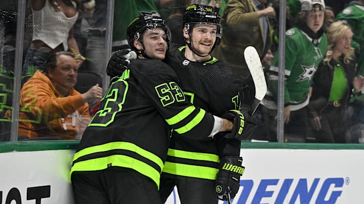 Apr 3, 2024; Dallas, Texas, USA; Dallas Stars center Wyatt Johnston (53) and center Sam Steel (18)
