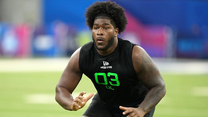 Mar 2, 2025; Indianapolis, IN, USA; Alabama offensive lineman Tyler Booker (OL03) during the 2025 NFL Combine at Lucas Oil Stadium. Mandatory Credit: Kirby Lee-Imagn Images