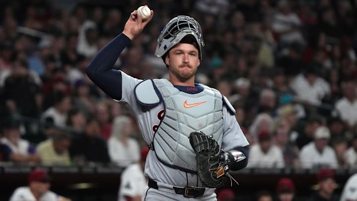 Detroit Tigers catcher Dillon Dingler (13) fields the ball. 