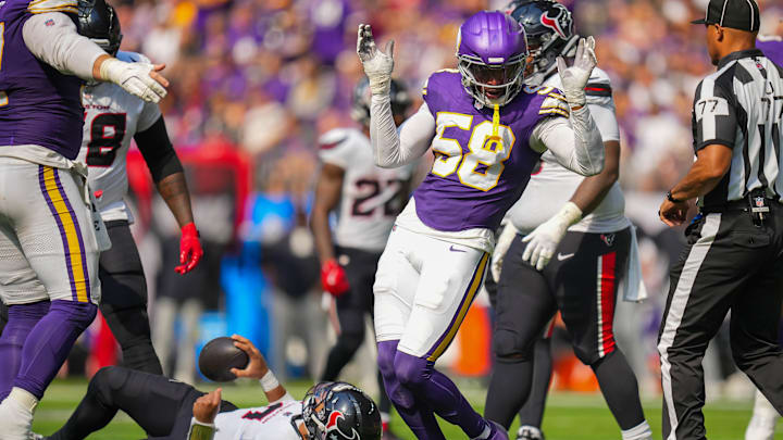 Sep 22, 2024; Minneapolis, Minnesota, USA; Minnesota Vikings linebacker Jonathan Greenard (58) celebrates his sack against the Houston Texans quarterback C.J. Stroud (7) in the third quarter at U.S. Bank Stadium.