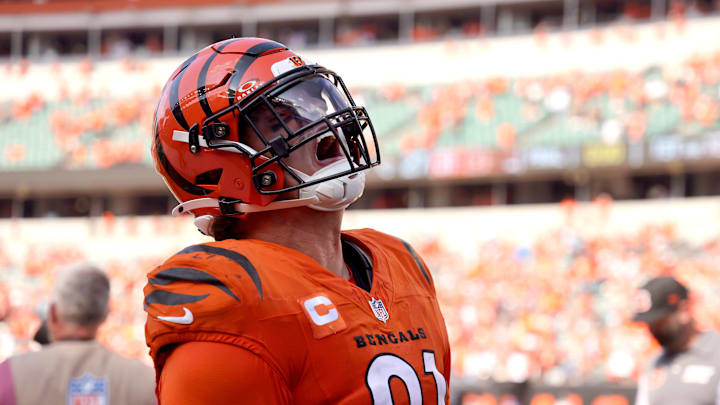 Sep 14, 2025; Cincinnati, Ohio, USA;  Cincinnati Bengals defensive end Trey Hendrickson (91) celebrates the win after the game against the Jacksonville Jaguars at Paycor Stadium. Mandatory Credit: Joseph Maiorana-Imagn Images