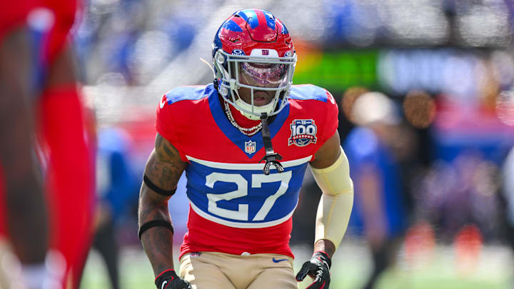 Sep 8, 2024; East Rutherford, New Jersey, USA; New York Giants safety Jason Pinnock (27) warms up before a game against the Minnesota Vikings at MetLife Stadium. Mandatory Credit: John Jones-Imagn Images Sep 8, 2024; East Rutherford, New Jersey, USA; New York Giants safety Jason Pinnock (27) warms up before a game against the Minnesota Vikings at MetLife Stadium. Mandatory Credit: John Jones-Imagn Images