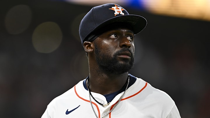 Jun 25, 2025; Houston, Texas, USA; Houston Astros left fielder Taylor Trammell (26) looks on at the end of the in the sixth inning against the Philadelphia Phillies at Daikin Park.