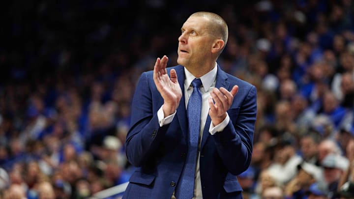 Jan 14, 2025; Lexington, Kentucky, USA; Kentucky Wildcats head coach Mark Pope reacts to the action during the second half against the Texas A&M Aggies at Rupp Arena at Central Bank Center. Mandatory Credit: Jordan Prather-Imagn Images