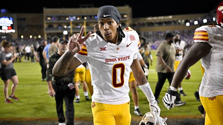 Iowa State Cyclones wide receiver Chase Sowell walks off the field after the Cyclones defeat the TCU Horned Frogs at Amon G. Carter Stadium. Iowa State Cyclones wide receiver Chase Sowell walks off the field after the Cyclones defeat the TCU Horned Frogs at Amon G. Carter Stadium.