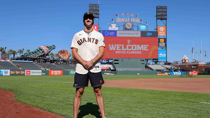 Jul 26, 2023; San Francisco, California, USA; San Francisco Giants 2023 first-round pick Bryce Eldridge before the game against the Oakland Athletics at Oracle Park.