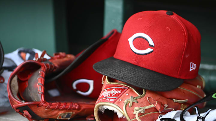 Jul 23, 2025; Washington, District of Columbia, USA; General view of Cincinnati Reds hat during the game against the Washington Nationals at Nationals Park. Mandatory Credit: Brad Mills-Imagn Images Jul 23, 2025; Washington, District of Columbia, USA; General view of Cincinnati Reds hat during the game against the Washington Nationals at Nationals Park. Mandatory Credit: Brad Mills-Imagn Images