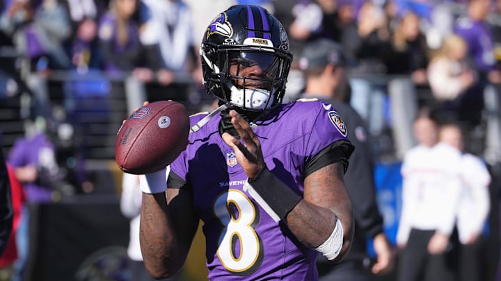 Nov 3, 2024; Baltimore, Maryland, USA; Baltimore Ravens quarterback Lamar Jackson (8) prior to the game against the Denver Broncos at M&T Bank Stadium. Mandatory Credit: Mitch Stringer-Imagn Images