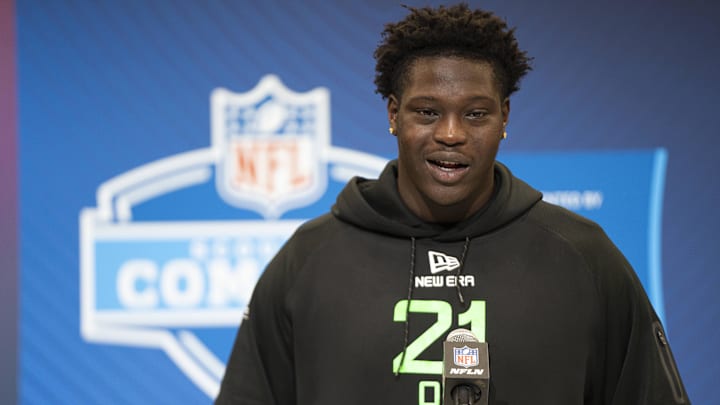 Mar 1, 2025; Indianapolis, IN, USA; Louisiana State offensive lineman Emery Jones (OL21) answers questions at a press conference during the 2025 NFL Combine at Indiana Convention Center. Mandatory Credit: Jacob Musselman-Imagn Images