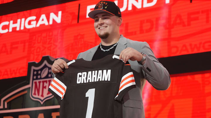 Michigan Wolverines defensive lineman Mason Graham is selected by the Cleveland Browns as the number five pick in the first round of the 2025 NFL Draft at Lambeau Field.