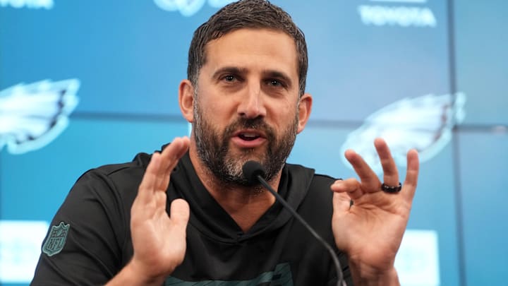 Philadelphia Eagles coach Nick Sirianni at a press conference at the Neo Quimica Arena.