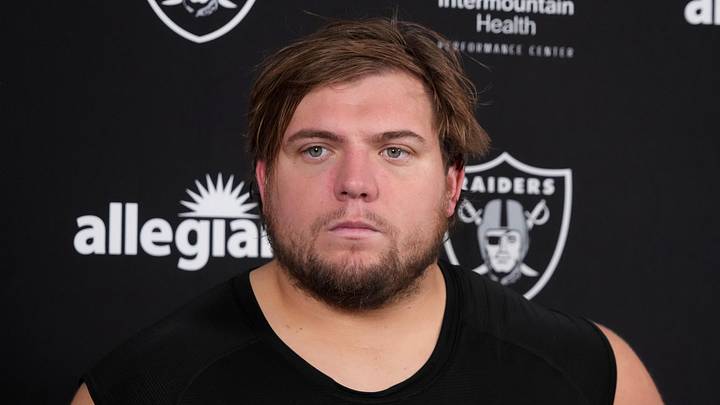 Las Vegas Raiders lineman Jackson Powers-Johnson during training camp press conference. Las Vegas Raiders lineman Jackson Powers-Johnson during training camp press conference.