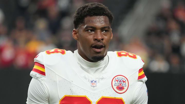 Oct 27, 2024; Paradise, Nevada, USA; Kansas City Chiefs tight end Jody Fortson (89) reacts in the first half against the Las Vegas Raiders at Allegiant Stadium. Mandatory Credit: Kirby Lee-Imagn Images Oct 27, 2024; Paradise, Nevada, USA; Kansas City Chiefs tight end Jody Fortson (89) reacts in the first half against the Las Vegas Raiders at Allegiant Stadium. Mandatory Credit: Kirby Lee-Imagn Images
