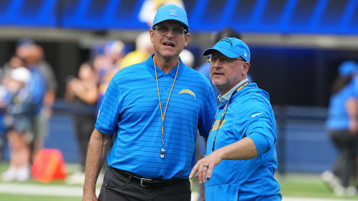 Los Angeles Chargers coach Jim Harbaugh and general manager Joe Hortiz. Los Angeles Chargers coach Jim Harbaugh and general manager Joe Hortiz.