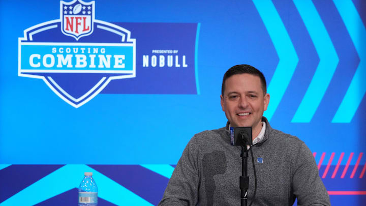 Feb 27, 2024; Indianapolis, IN, USA; New England Patriots director of scouting Eliot Wolf during the NFL Scouting Combine at Indiana Convention Center. Mandatory Credit: Kirby Lee-Imagn Images Feb 27, 2024; Indianapolis, IN, USA; New England Patriots director of scouting Eliot Wolf during the NFL Scouting Combine at Indiana Convention Center. Mandatory Credit: Kirby Lee-Imagn Images
