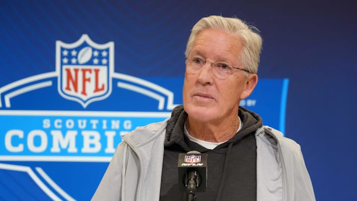 Feb 25, 2025; Indianapolis, IN, USA; Las Vegas Raiders coach Pete Carroll speaks during the NFL Scouting Combine at the Indiana Convention Center. Mandatory Credit: Kirby Lee-Imagn Images