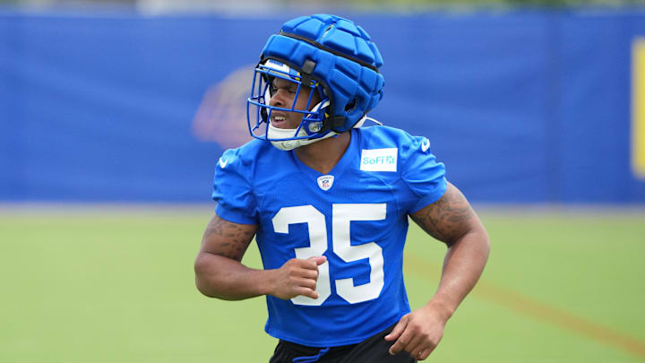 May 28, 2025; Woodland Hills, CA, USA; Los Angeles Rams running back Jarquez Hunter (35) during organized team activities at Rams Practice Facility. Mandatory Credit: Kirby Lee-Imagn Images May 28, 2025; Woodland Hills, CA, USA; Los Angeles Rams running back Jarquez Hunter (35) during organized team activities at Rams Practice Facility. Mandatory Credit: Kirby Lee-Imagn Images