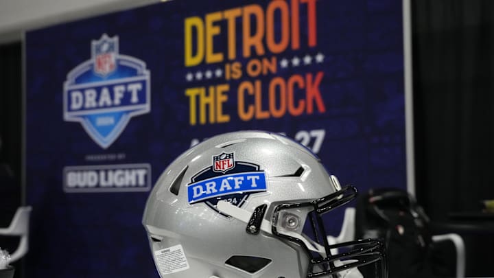 Feb 5, 2024; Las Vegas, NV, USA; A helmet with the 2024 NFL Draft in Detroit logo at the Super Bowl Feb 5, 2024; Las Vegas, NV, USA; A helmet with the 2024 NFL Draft in Detroit logo at the Super Bowl