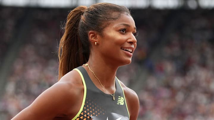 Jul 20, 2024; London, United Kingdom; Gabrielle Thomas aka Gabby Thomas (USA) reacts after winning the women's 200m in a meet record 21.82 during the London Athletics Meet at London Stadium. 
