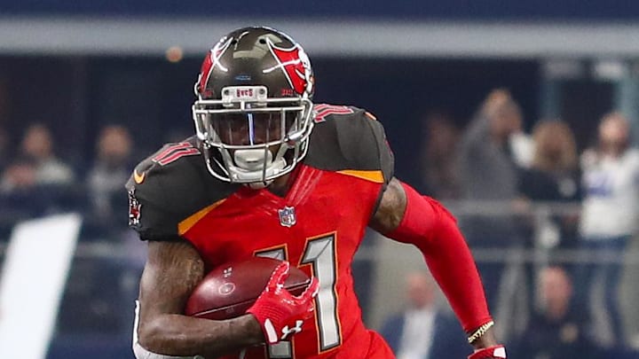 Dec 23, 2018; Arlington, TX, USA; Tampa Bay Buccaneers receiver DeSean Jackson (11) runs after a reception against the Dallas Cowboys at AT&T Stadium. Mandatory Credit: Matthew Emmons-Imagn Images Dec 23, 2018; Arlington, TX, USA; Tampa Bay Buccaneers receiver DeSean Jackson (11) runs after a reception against the Dallas Cowboys at AT&T Stadium. Mandatory Credit: Matthew Emmons-Imagn Images