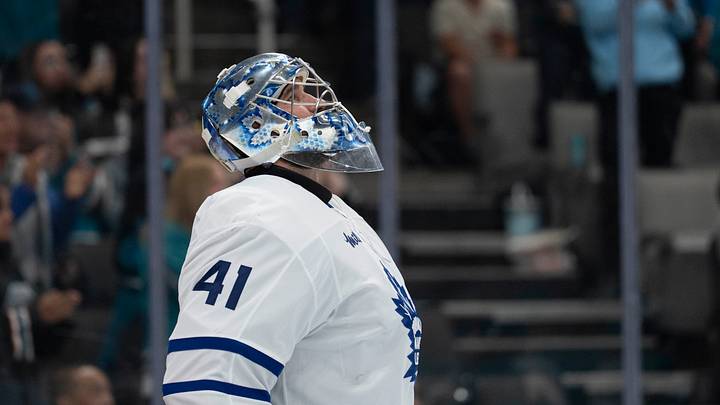 Apr 2, 2026; San Jose, California, USA;  Toronto Maple Leafs goaltender Anthony Stolarz (41) during the second period against the San Jose Sharks at SAP Center at San Jose. Mandatory Credit: Stan Szeto-Imagn Images