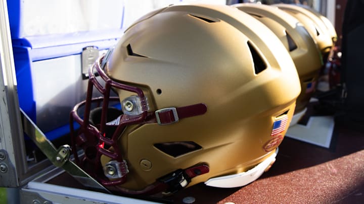 Nov 1, 2025; Chestnut Hill, Massachusetts, USA; Boston College Eagles helmets before the game against the Notre Dame Fighting Irish at Alumni Stadium. Nov 1, 2025; Chestnut Hill, Massachusetts, USA; Boston College Eagles helmets before the game against the Notre Dame Fighting Irish at Alumni Stadium.