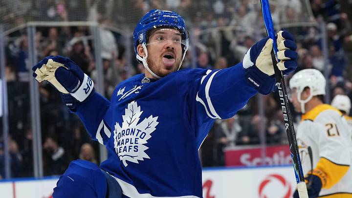 Oct 6, 2026; Toronto, Ontario, CAN;  Toronto Maple Leafs center Jack Roslovic (96) celebrates scoring a goal against the Nashville Predators during the third period at Scotiabank Arena.  Mandatory Credit: Nick Turchiaro-Imagn Images