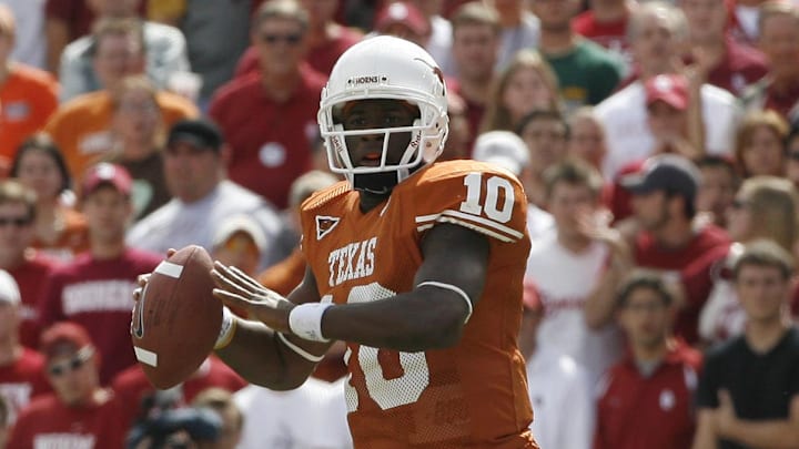 Oct 8, 2005; Dallas, TX, USA; Texas Longhorns quarterback Vince Young (10) in action against the Oklahoma Sooners during Red River Shootout at Cotton Bowl. Longhorns beat the Sooners 45-12. Mandatory Credit: Matthew Emmons- Imagn Images Oct 8, 2005; Dallas, TX, USA; Texas Longhorns quarterback Vince Young (10) in action against the Oklahoma Sooners during Red River Shootout at Cotton Bowl. Longhorns beat the Sooners 45-12. Mandatory Credit: Matthew Emmons- Imagn Images