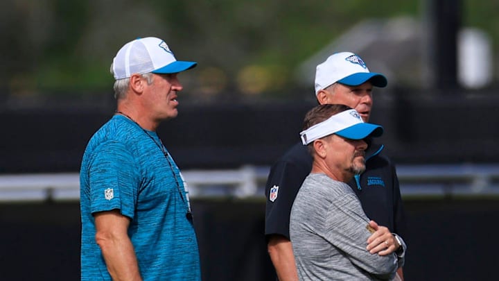 Jacksonville Jaguars head coach Doug Pederson, left clockwise, Manager Trent Baalke and Jeff Ferguson, Vice President of player health and performance, look on during the third day of an NFL football training camp practice Friday, July 26, 2024 at EverBank Stadium’s Miller Electric Center in Jacksonville, Fla. Jacksonville Jaguars head coach Doug Pederson, left clockwise, Manager Trent Baalke and Jeff Ferguson, Vice President of player health and performance, look on during the third day of an NFL football training camp practice Friday, July 26, 2024 at EverBank Stadium’s Miller Electric Center in Jacksonville, Fla.